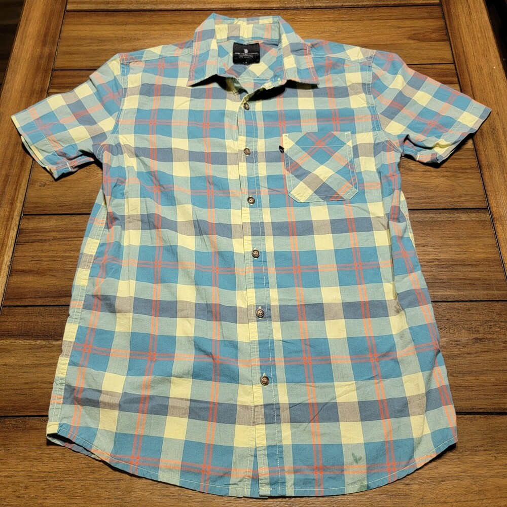Junk Food Clothing Full Button SS Blouse - Blue & Orange Check Pattern - Small